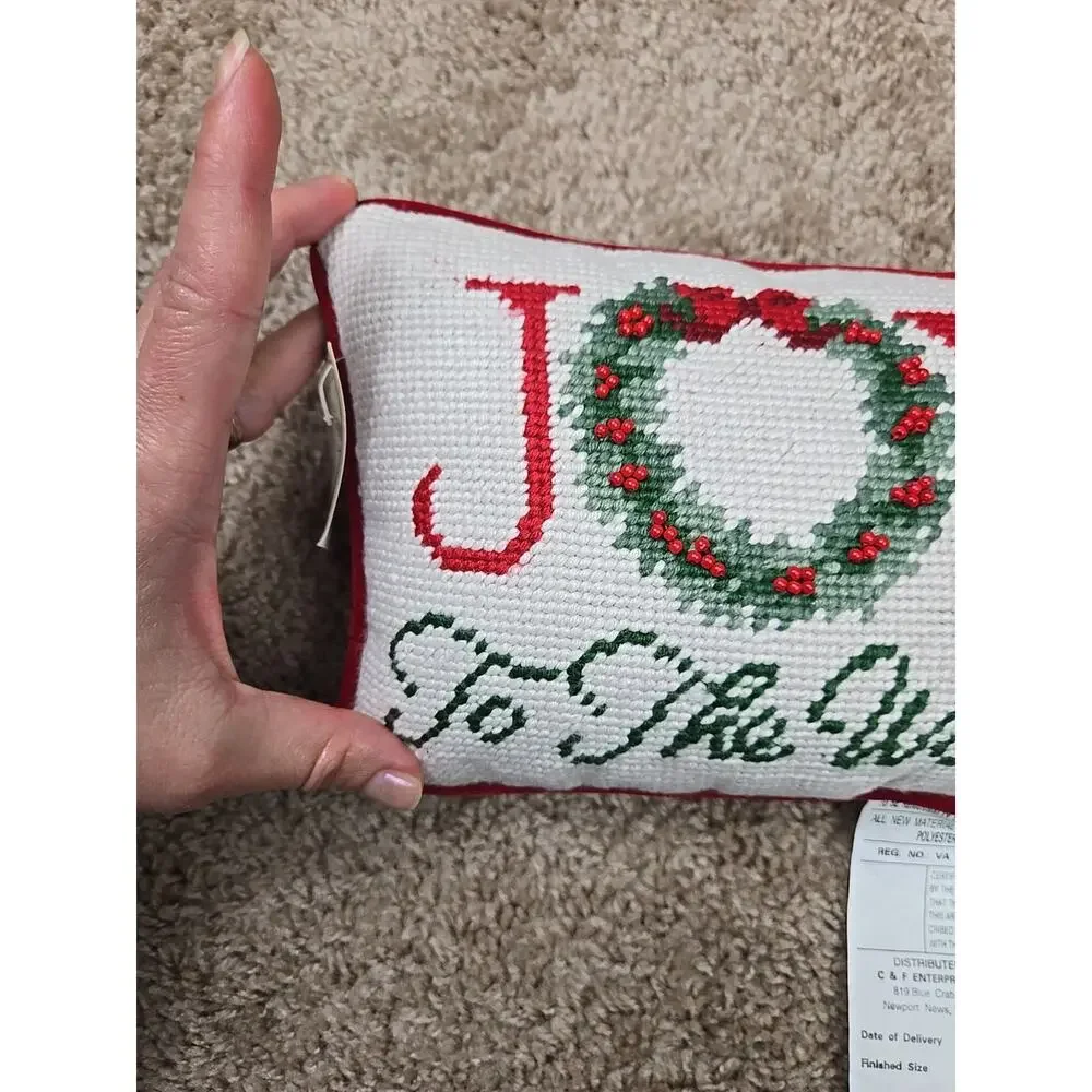 Joy to the World‎ Needlepoint Small Pillow Beaded Wreath Berries Christmas By CF